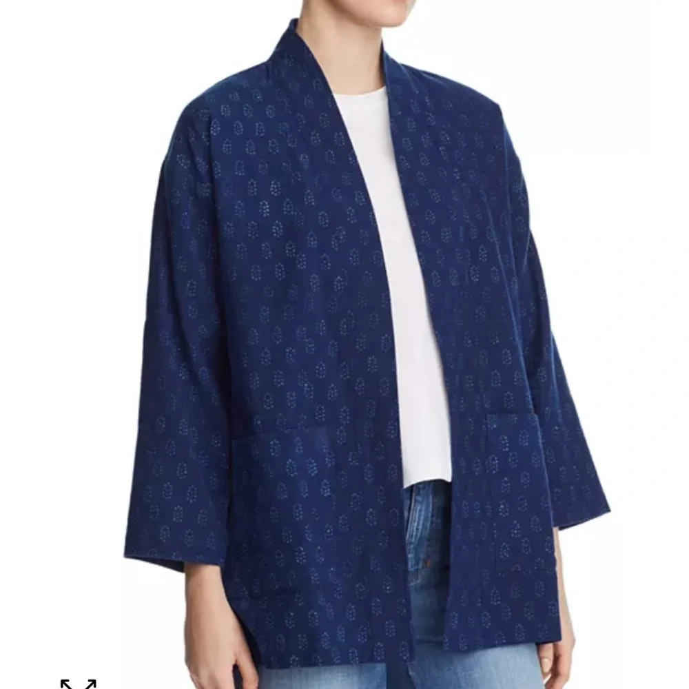 Eileen Fisher block print blue kimono style 100 percent organic cotton jacket?